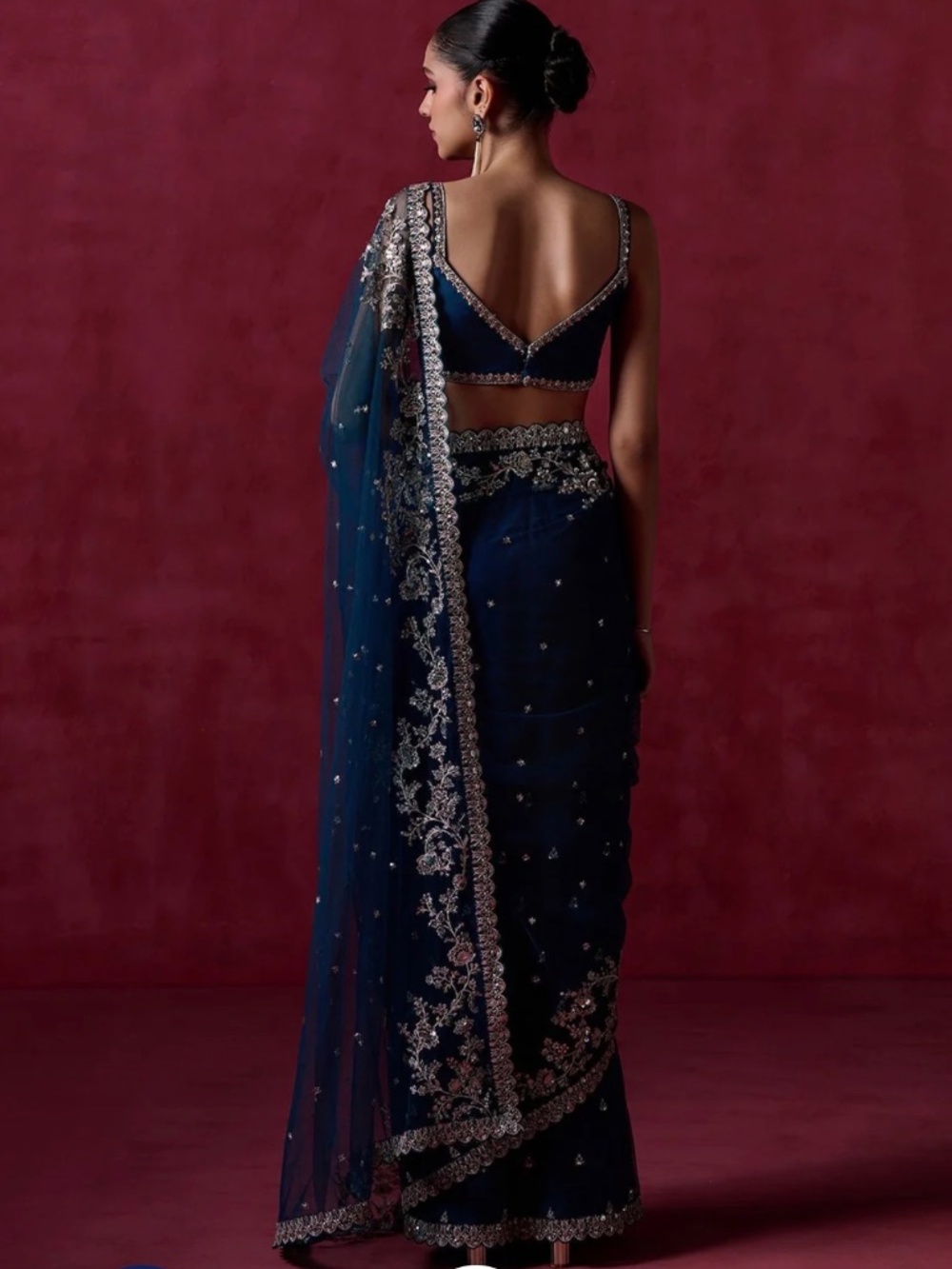 Teal Blue Embroidered Net Saree